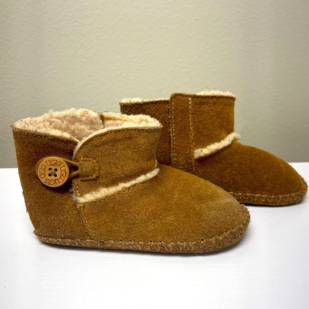 UGG Baby Chestnut Suede Booties with Shearling Trim